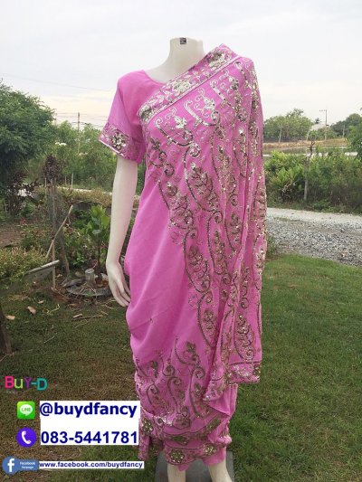 เช่าชุดอินเดีย ชุดส่าหรี สีชมพูบานอ่อน