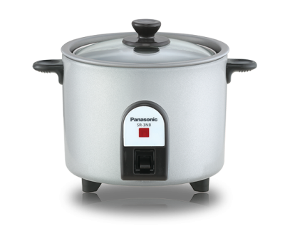 Panasonic Electric Rice Cooker, 0.27 Liter, Model SR-3NBLSN, with durable clear glass lid and non-stick coating.