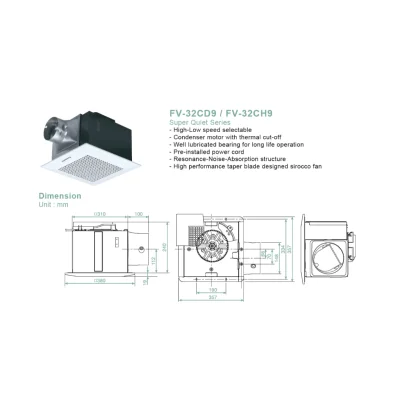 Panasonic ceiling-mounted ventilation fan, standard models FV-32CH9ABH, FV-32CD9ABH.