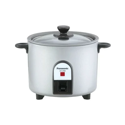 Panasonic Electric Rice Cooker, 0.27 Liter, Model SR-3NBLSN, with durable clear glass lid and non-stick coating.