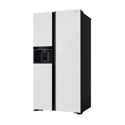 HITACHI Side-by-Side Refrigerator, 22.5 cu ft, Inverter, Model HRSN9698ESICMGWTH, White Glass Finish.