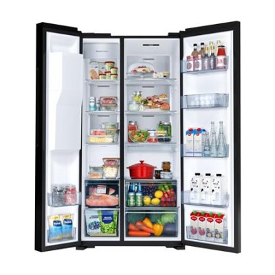 HITACHI Side-by-Side Refrigerator, 22.5 cu ft, Inverter, Model HRSN9698ESICMGWTH, White Glass Finish.