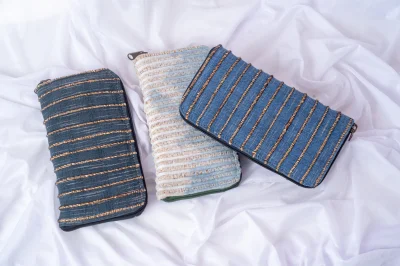 Indigo-Dyed Cotton Clutch Bag Combined with Water Hyacinth Fibers