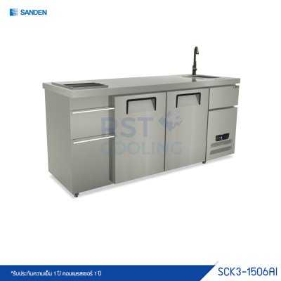 ตู้แช่เย็นเคาน์เตอร์สแตนเลส พร้อมถังน้ำแข็งและซิงค์ Sanden รุ่น SCK3-1506AI ตู้แช่เย็นเคาน์เตอร์สแตนเลส พร้อมถังน้ำแข็งและซิงค์ Sanden รุ่น SCK3-1506AI