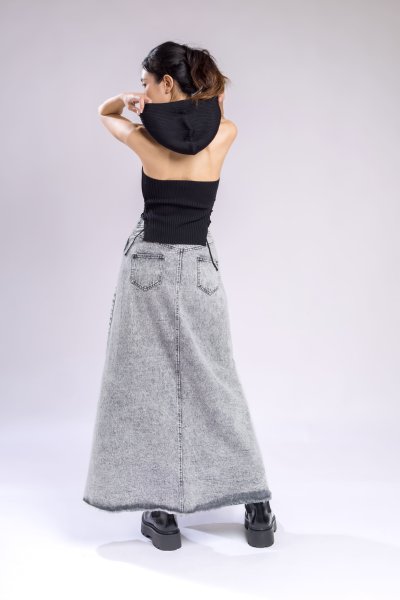 ASYMMETRIC HEM SPLIT FRONT BLACK ROPE DETAIL DENIM SKIRT