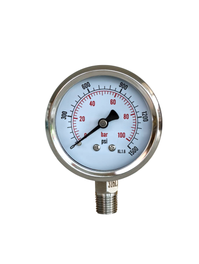 Pressure Gauge 1,500 PSI (100 Bar) 1/4" NPT Bottom Mount SS316 – 63 mm