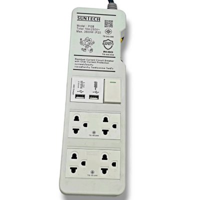 SUNTECH ชุดปลั๊กพ่วง 16A 1สวิตช์ 4ช่อง 2USB รุ่นมีเบรคเกอร์กันกระแสไฟเกิน ไฟรั่ว ไฟช็อต ความยาวสาย 3 , 5 เมตร PGB
