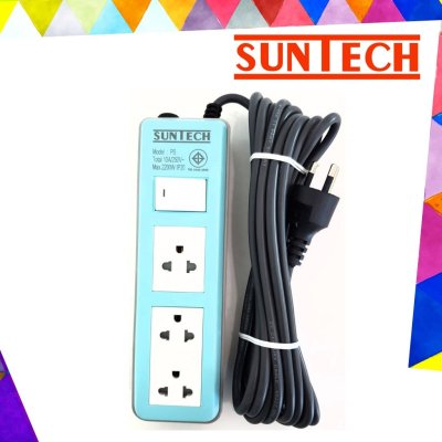 SUNTECH สีฟ้า ยาว 2 เมตร ชุดปลั๊กพ่วง PASTEL SERIES 10A 3 ช่อง 1 สวิตช์ + แถมฟรี ไขควงสลับ AM-TOOL 1 ชุด