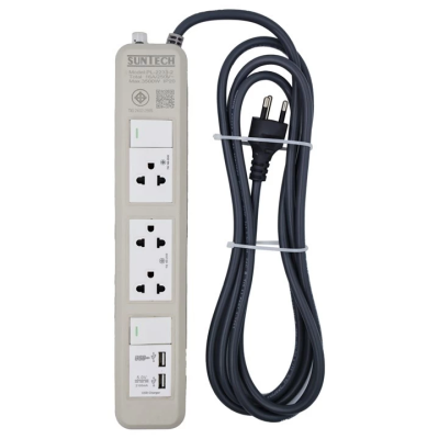 SUNTECH ชุดปลั๊กพ่วง มอก. PL 2 สวิตซ์ 3 ช่อง มี 2 USB 16A 3500 วัตต์ ขนาดสายไฟ 1.5 Sq.mm ยาว 3 , 5 เมตร