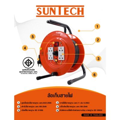 SUNTECH ล้อเก็บสายไฟ มอก. รุ่น SA 16A 3600W ขนาดสายไฟ 1.5 sq.mm.