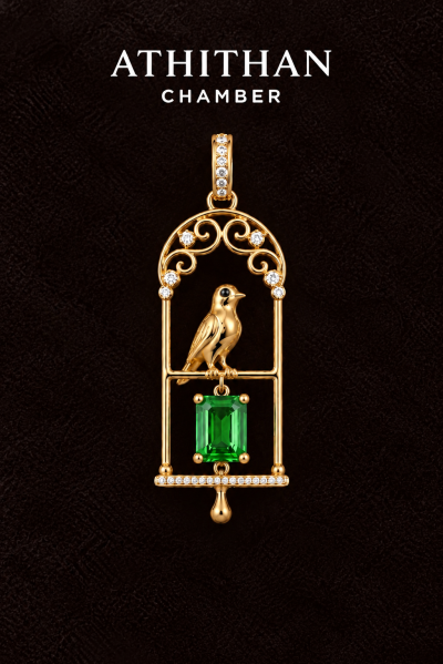 THE JEWEL KEEPER : Bird Resting in Golden Cage Pendant