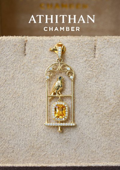 THE JEWEL KEEPER : Bird Resting in Golden Cage Pendant