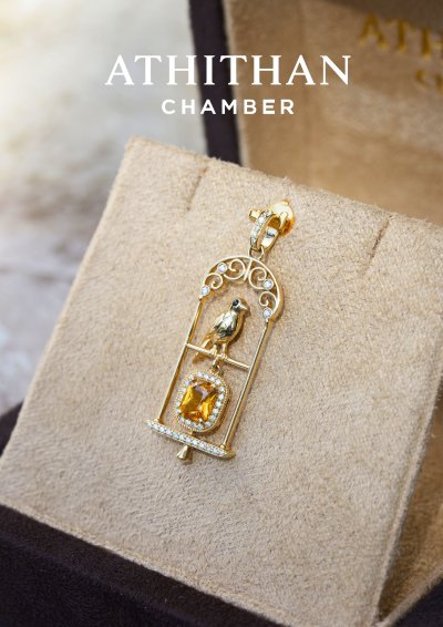 THE JEWEL KEEPER : Bird Resting in Golden Cage Pendant