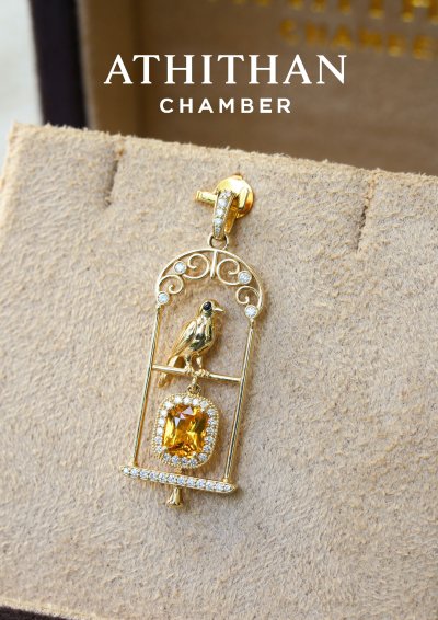 THE JEWEL KEEPER : Bird Resting in Golden Cage Pendant