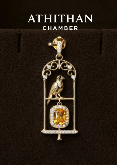 THE JEWEL KEEPER : Bird Resting in Golden Cage Pendant