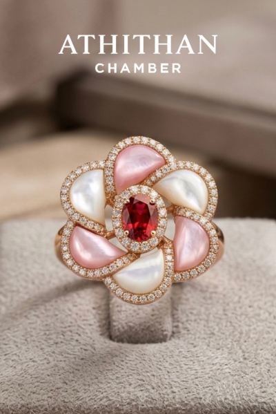 CAMELLIA FLOWER - Garnet, Mother of Pearl Ring (พรีออเดอร์ 45 วัน)