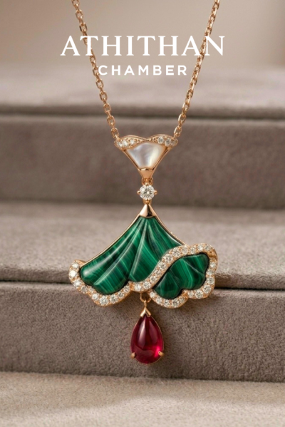 OPALINE DANCE - Ruby, Malachite & Mother of Pearl Pendant (Pre-order 45 days)