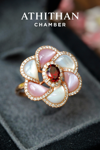 CAMELLIA FLOWER - Garnet, Mother of Pearl Ring (Pre-order 45 days)