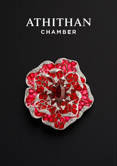 Red Spinel Enamel Flower Ring & Pendant