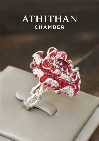 Red Spinel Enamel Flower Ring & Pendant