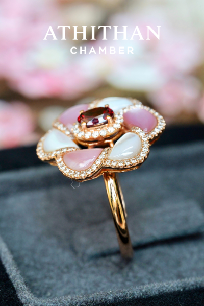 CAMELLIA FLOWER - Garnet, Mother of Pearl Ring (Pre-order 45 days)