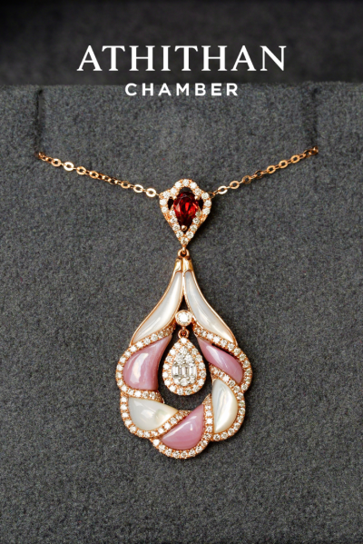 CAMELLIA FLOWER - Garnet, Mother of Pearl Pendant (Pre-order 45 days)