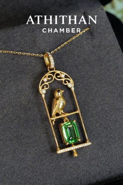 THE JEWEL KEEPER : Resting in Golden Cage Tsavorite Pendant