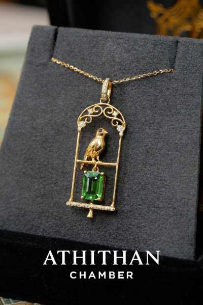 THE JEWEL KEEPER : Resting in Golden Cage Tsavorite Pendant