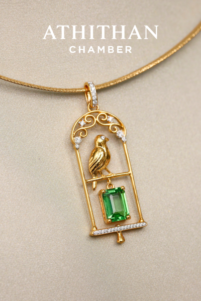 THE JEWEL KEEPER : Resting in Golden Cage Tsavorite Pendant