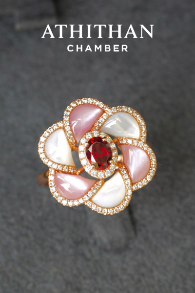 CAMELLIA FLOWER - Garnet, Mother of Pearl Ring (Pre-order 45 days)