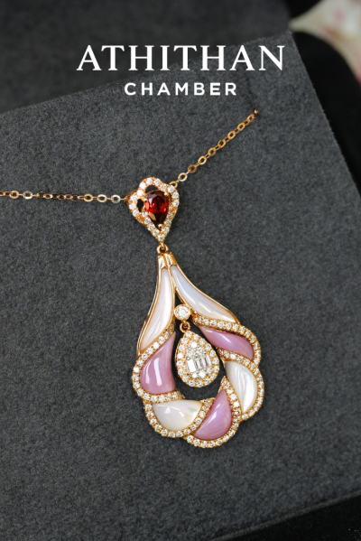 CAMELLIA FLOWER - Garnet, Mother of Pearl Pendant (Pre-order 45 days)