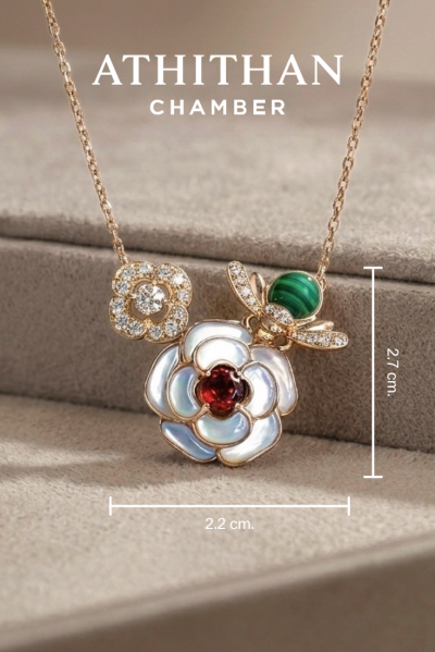 BEE & BLOOM - Garnet, Malachite, Mother of Pearl Pendant Necklace