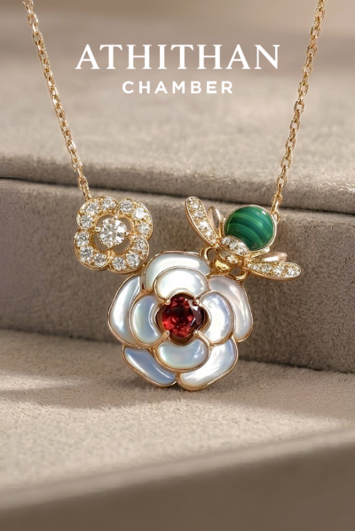 BEE & BLOOM - Garnet, Malachite, Mother of Pearl Pendant Necklace