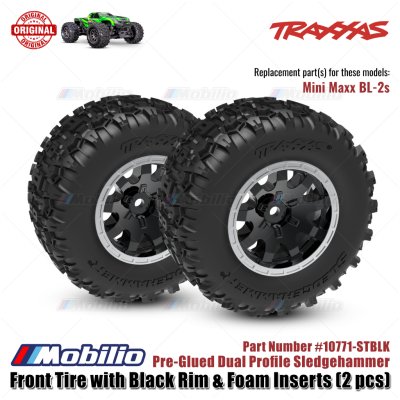 Traxxas Part #10771-STBLK Front Tire with Black Rim & Foam Inserts (2 Pcs) Pre-Glued Dual Profile Sledgeham