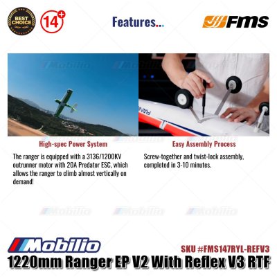 FMS 1220mm Ranger EP V2 With Reflex V3 RTF Ready to Fly #FMS147RGN-REFV3 RC Air Plane Aeromodelling