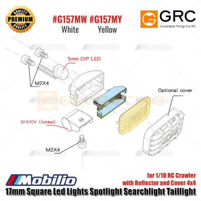 GRC 17mm Square Led Lights Spotlight Searchlight Taillight with Reflector and Cover 4x4 for 1/10 RC Crawler #G157MW #G157MY