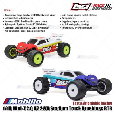 Losi 1/18 Mini-T 2.0 V2 2WD RC Stadium Truck Brushless RTR