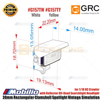 GRC 20mm Rectangular Clamshell Spotlight Vintage Simulation for 1/10 RC Crawler with Reflector Off-Road Searchlight Headlight #G157TW #G157TY
