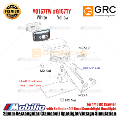GRC 20mm Rectangular Clamshell Spotlight Vintage Simulation for 1/10 RC Crawler with Reflector Off-Road Searchlight Headlight #G157TW #G157TY