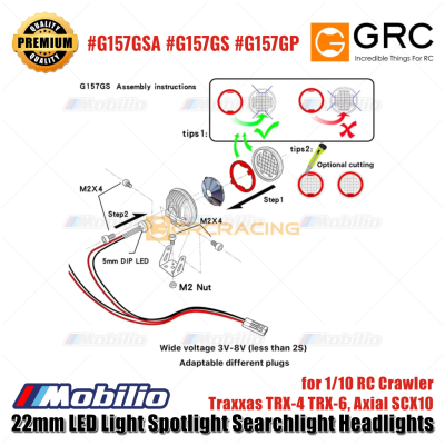 GRC 22mm LED Light Spotlight Searchlight Headlights for 1/10 RC Crawler Traxxas TRX-4 TRX-6 Axial SCX10