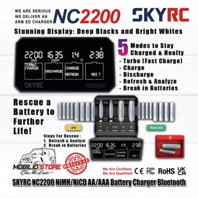 SKYRC NC2200 12V/2.0A 4Slot Baterai Charger AA AAA NiMH/NiCD Bluetooth