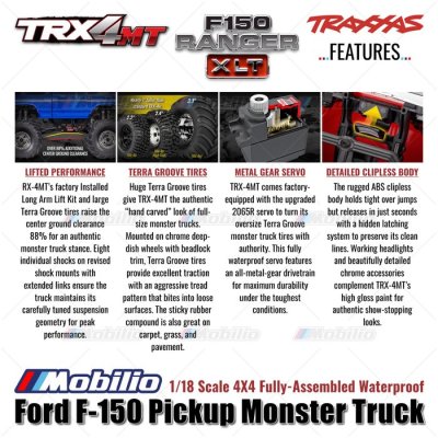 Traxxas TRX-4MT Ford F-150 Ranger XLT Pickup Monster Truck Bigfoot 1/18 Scale 4X4 RTR Fully-Assembled Waterproof TRX4MT