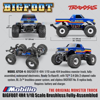 Traxxas 67134-4 BIGFOOT 4X4 1/10 Scale Brushless Fully-Assembled Monster Truck Ford Firestone Dengan BL-2s ESC dan Motor 3300 Kv - Control