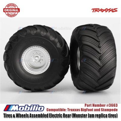 Traxxas 3663 Tires & Wheels Assembled Electric Rear (Monster Jam Replica, Satin Chrome Wheels, Monster Jam Replica Tires, Foam Inserts) (2)