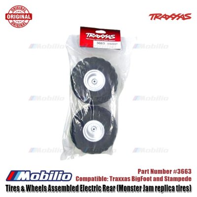Traxxas 3663 Tires & Wheels Assembled Electric Rear (Monster Jam Replica, Satin Chrome Wheels, Monster Jam Replica Tires, Foam Inserts) (2)