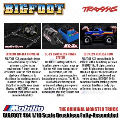 Traxxas 67134-4 BIGFOOT 4X4 1/10 Scale Brushless Fully-Assembled Monster Truck Ford Firestone Dengan BL-2s ESC dan Motor 3300 Kv - Control