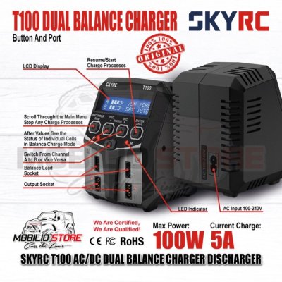 SKYRC T100 5A 2x50W AC/DC Dual Balance Charger Discharger Baterai