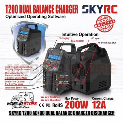 SKYRC T200 AC/DC 200W 12A Baterai Lipo Dual Balance Charger Discharger