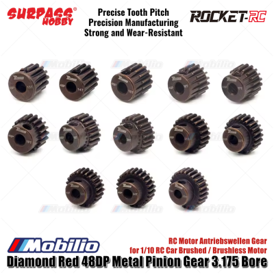 Surpass Hobby Rocket-RC Diamond Red 48DP Metal Pinion Gear 3.175 Bore 13-25T for 1/10 RC Car Brushed Brushless Motor