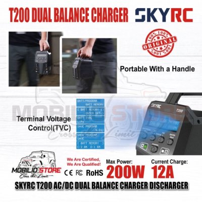 SKYRC T200 AC/DC 200W 12A Baterai Lipo Dual Balance Charger Discharger